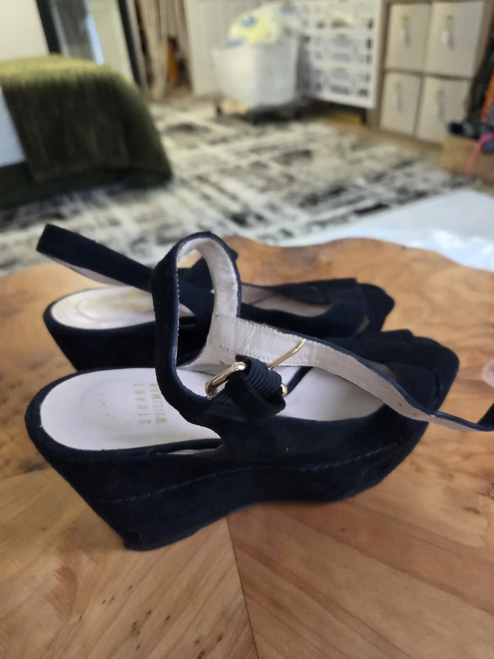 Stuart Weitzman Black Suede Platform Slingback Peep-Toe Heels